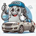 odorzx friendly mascot for a car odor removal service using an ozone machine.